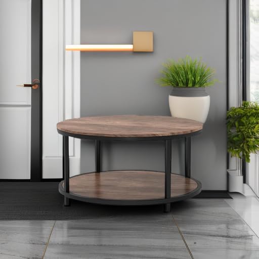 NSdirect 36-Inch Round Coffee Table for Living Room 2-Tier Rustic Wood Desktop Storage Shelf Light Walnut