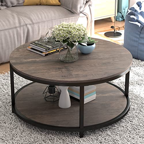 NSdirect 36-Inch Round Coffee Table for Living Room 2-Tier Rustic Wood Desktop Storage Shelf Light Walnut