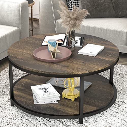 NSdirect 36-Inch Round Coffee Table for Living Room 2-Tier Rustic Wood Desktop Storage Shelf Light Walnut