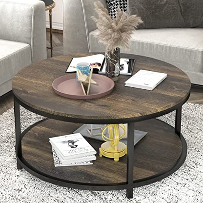 NSdirect 36-Inch Round Coffee Table for Living Room 2-Tier Rustic Wood Desktop Storage Shelf Light Walnut