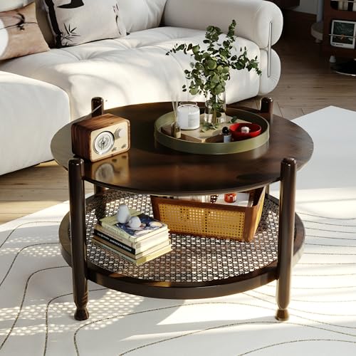 NSdirect 36-Inch Round Coffee Table for Living Room 2-Tier Rustic Wood Desktop Storage Shelf Light Walnut