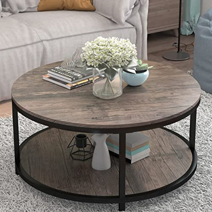 NSdirect 36-Inch Round Coffee Table for Living Room 2-Tier Rustic Wood Desktop Storage Shelf Light Walnut