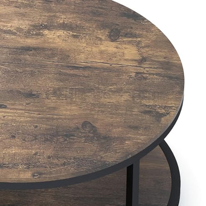NSdirect 36-Inch Round Coffee Table for Living Room 2-Tier Rustic Wood Desktop Storage Shelf Light Walnut
