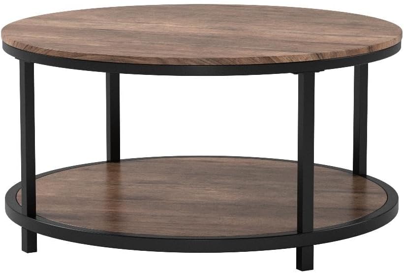 NSdirect 36-Inch Round Coffee Table for Living Room 2-Tier Rustic Wood Desktop Storage Shelf Light Walnut