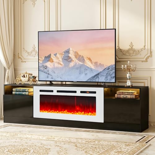 MXV 80-Inch Fireplace TV Stand for TVs Up to 90, LED Light Entertainment Center with 36 Electric Fireplace, Black