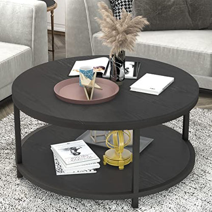 NSdirect 36-Inch Round Coffee Table for Living Room 2-Tier Rustic Wood Desktop Storage Shelf Light Walnut