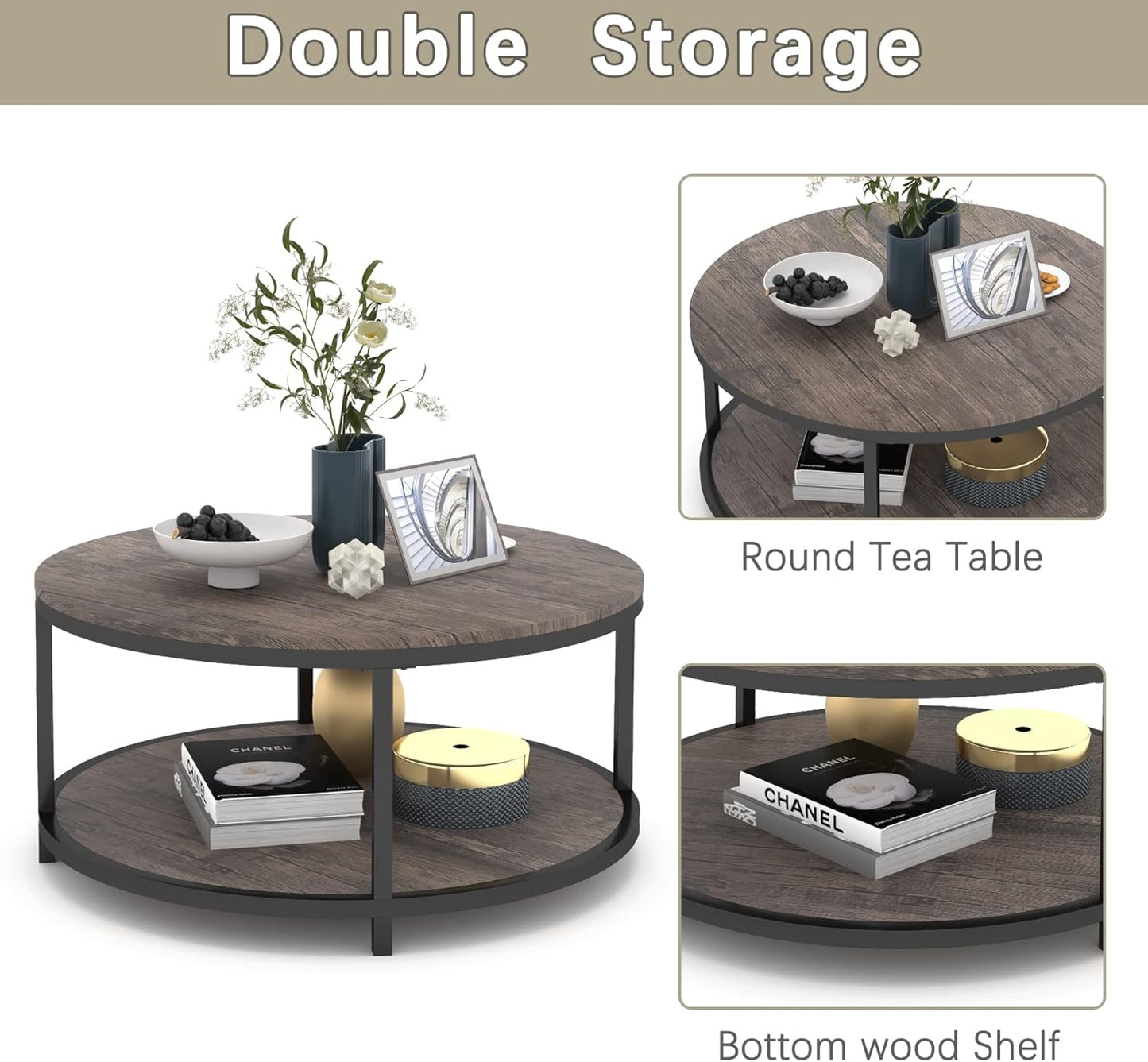 NSdirect 36-Inch Round Coffee Table for Living Room 2-Tier Rustic Wood Desktop Storage Shelf Light Walnut