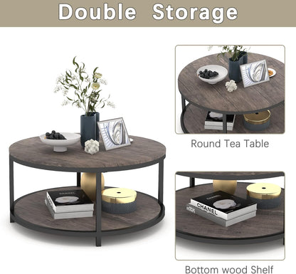 NSdirect 36-Inch Round Coffee Table for Living Room 2-Tier Rustic Wood Desktop Storage Shelf Light Walnut
