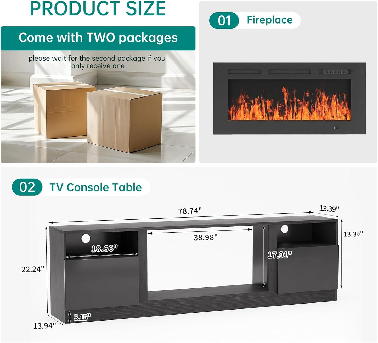 MXV 80-Inch Fireplace TV Stand for TVs Up to 90, LED Light Entertainment Center with 36 Electric Fireplace, Black