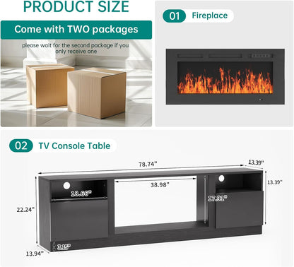 MXV 80-Inch Fireplace TV Stand for TVs Up to 90, LED Light Entertainment Center with 36 Electric Fireplace, Black