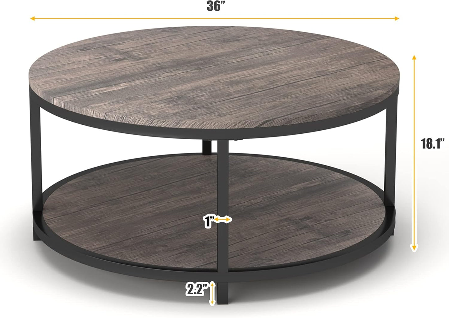 NSdirect 36-Inch Round Coffee Table for Living Room 2-Tier Rustic Wood Desktop Storage Shelf Light Walnut