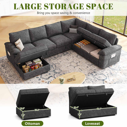 SUAWY 108 Inch Sectional Sleeper Sofa with Pull Out Bed, U Shaped 7 Seat Modular Sectional Sofa with Storage, Sectional Couches for Living Room, Cloud Modular Couch,Removable Sofa Cover, Dark Grey