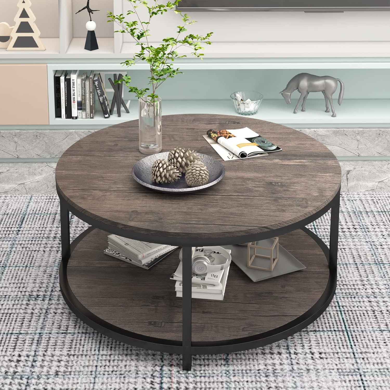 NSdirect 36-Inch Round Coffee Table for Living Room 2-Tier Rustic Wood Desktop Storage Shelf Light Walnut