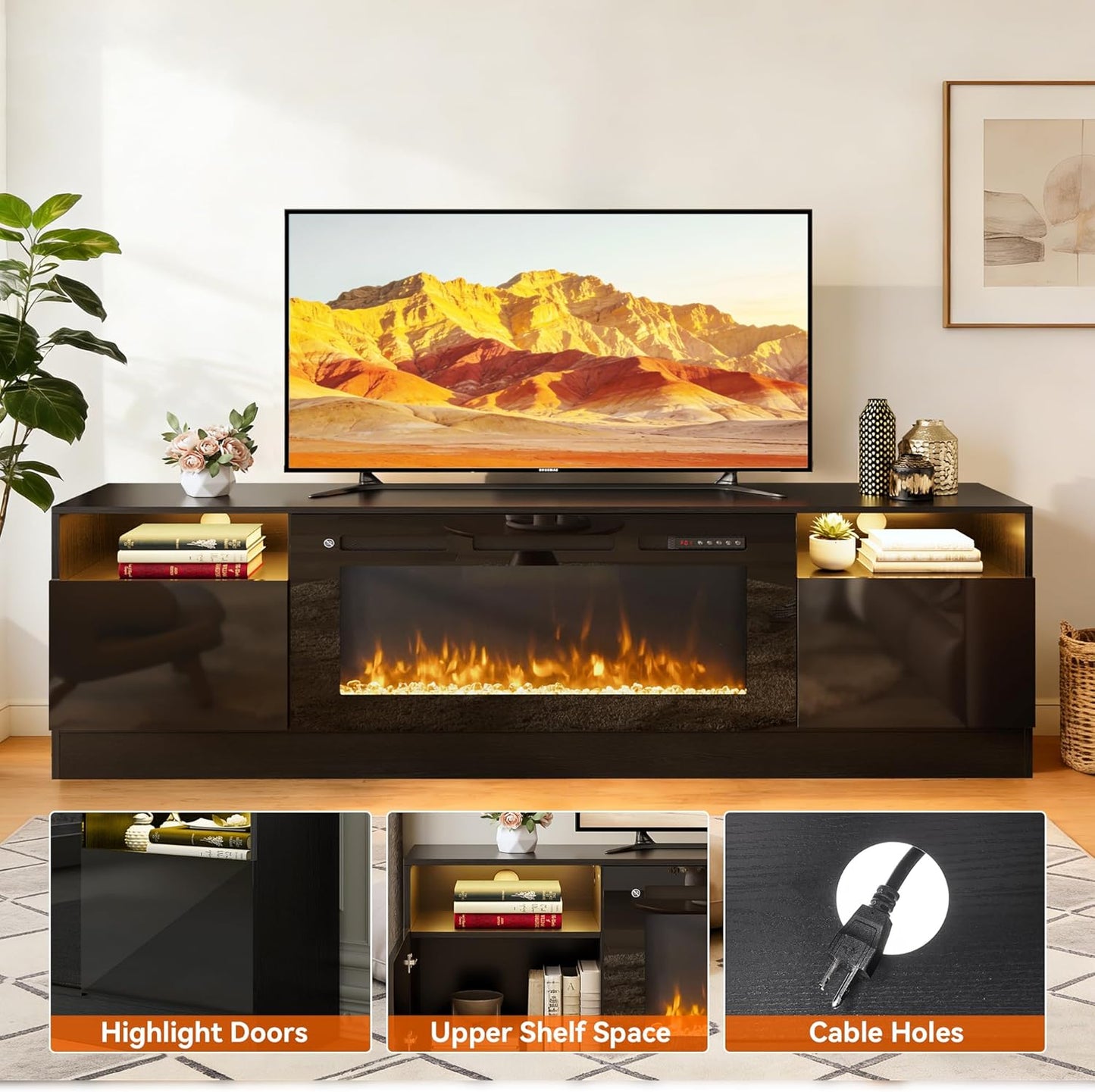 MXV 80-Inch Fireplace TV Stand for TVs Up to 90, LED Light Entertainment Center with 36 Electric Fireplace, Black