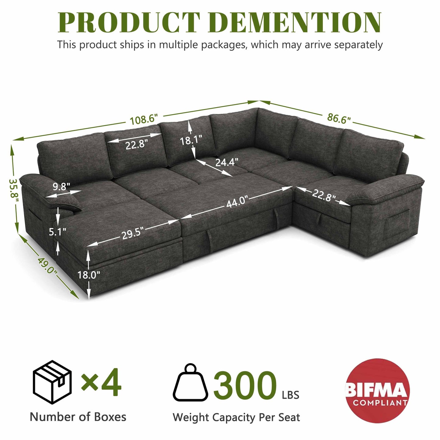 SUAWY 108 Inch Sectional Sleeper Sofa with Pull Out Bed, U Shaped 7 Seat Modular Sectional Sofa with Storage, Sectional Couches for Living Room, Cloud Modular Couch,Removable Sofa Cover, Dark Grey