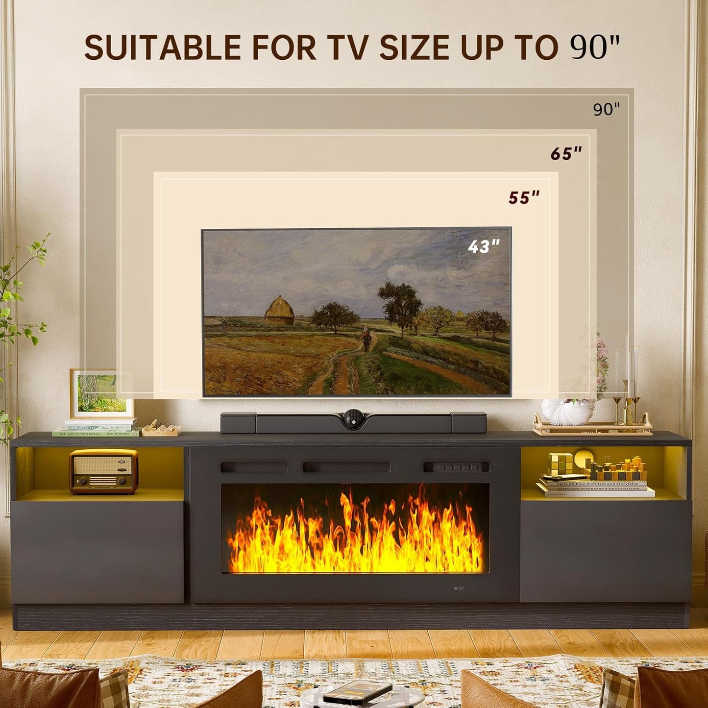 MXV 80-Inch Fireplace TV Stand for TVs Up to 90, LED Light Entertainment Center with 36 Electric Fireplace, Black