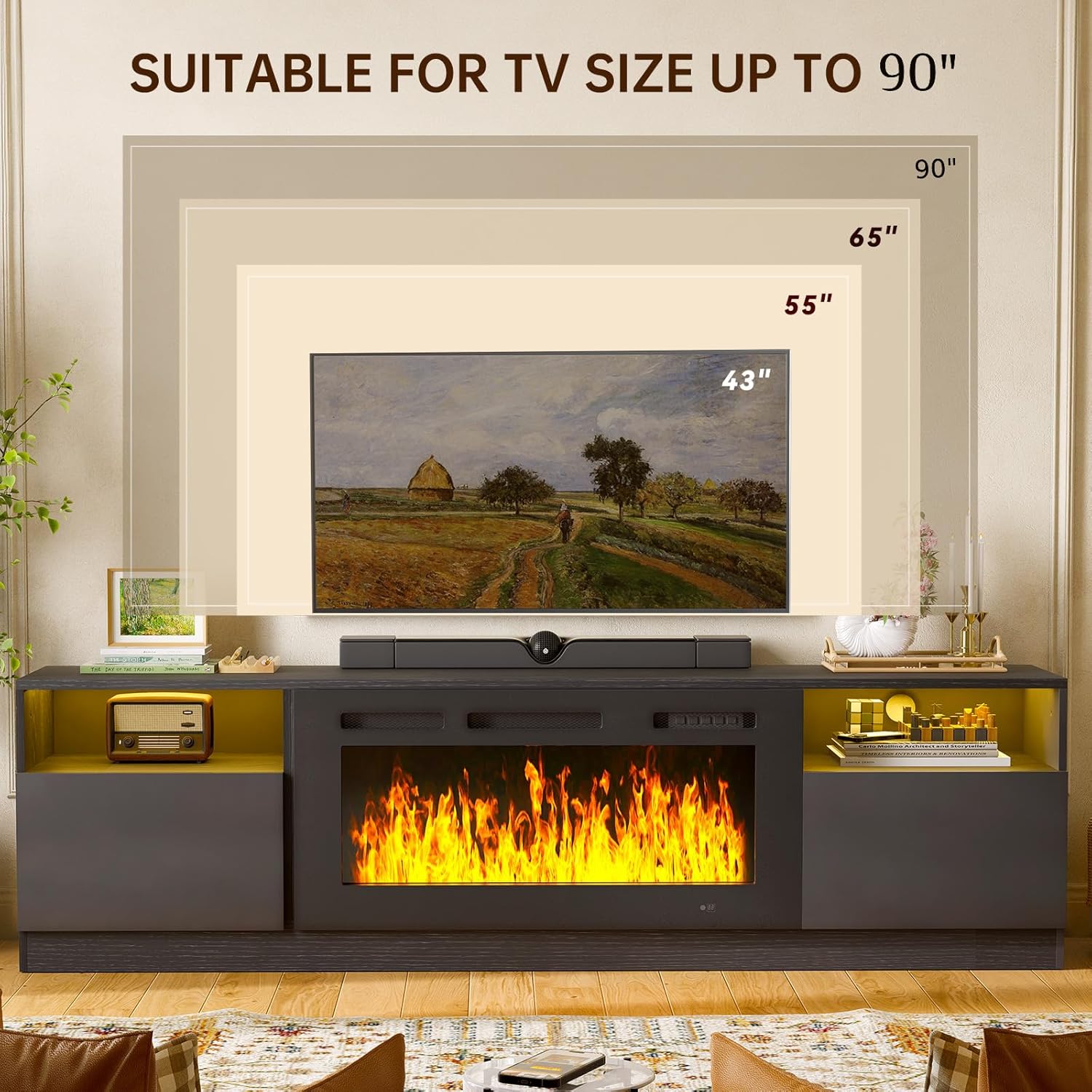 MXV 80-Inch Fireplace TV Stand for TVs Up to 90, LED Light Entertainment Center with 36 Electric Fireplace, Black
