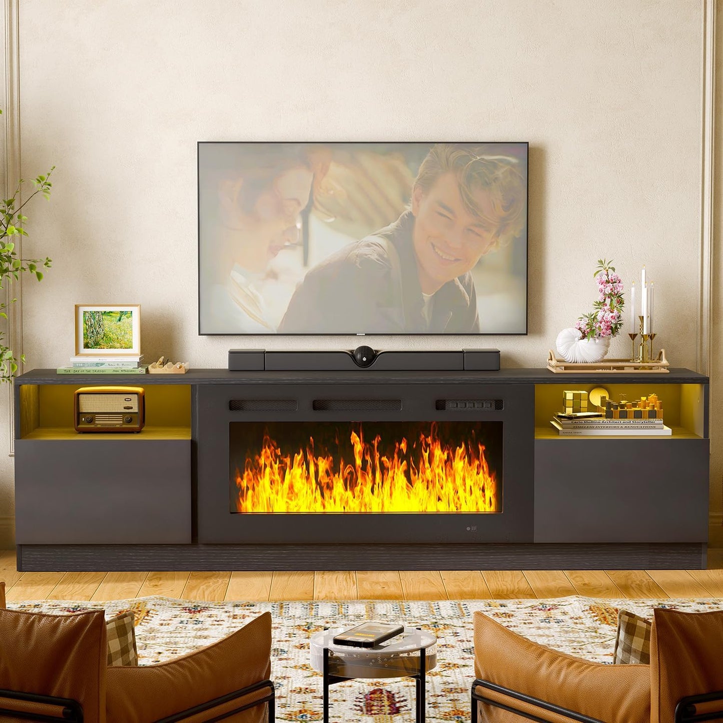 MXV 80-Inch Fireplace TV Stand for TVs Up to 90, LED Light Entertainment Center with 36 Electric Fireplace, Black