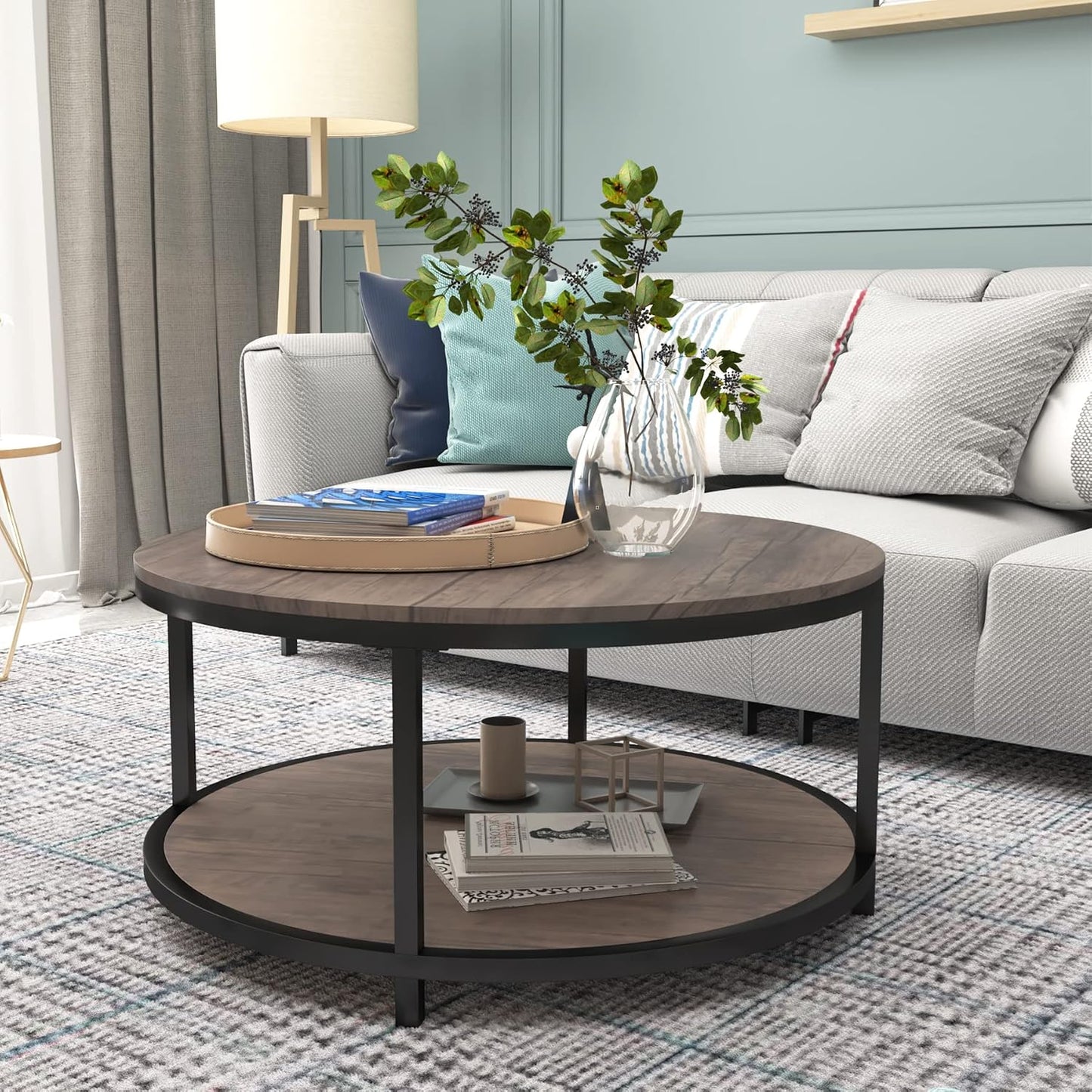 NSdirect 36-Inch Round Coffee Table for Living Room 2-Tier Rustic Wood Desktop Storage Shelf Light Walnut