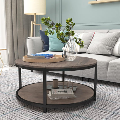 NSdirect 36-Inch Round Coffee Table for Living Room 2-Tier Rustic Wood Desktop Storage Shelf Light Walnut
