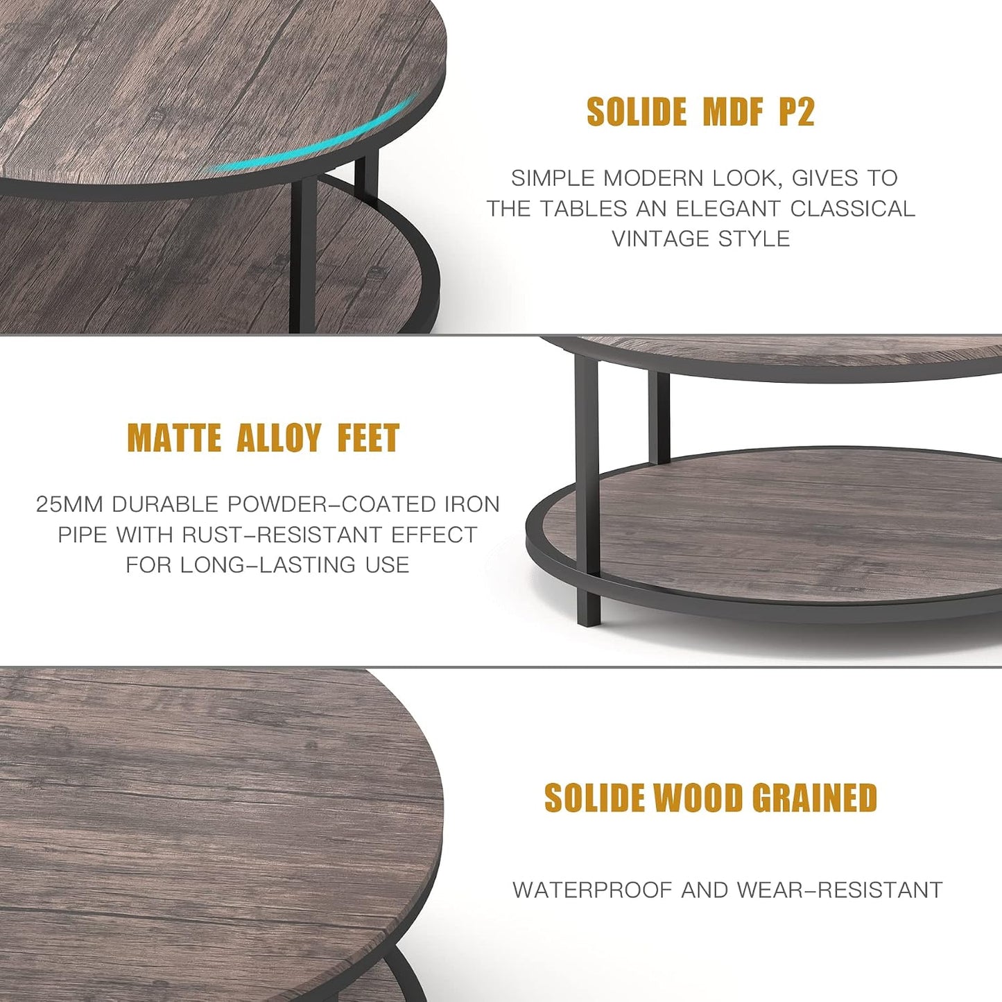 NSdirect 36-Inch Round Coffee Table for Living Room 2-Tier Rustic Wood Desktop Storage Shelf Light Walnut