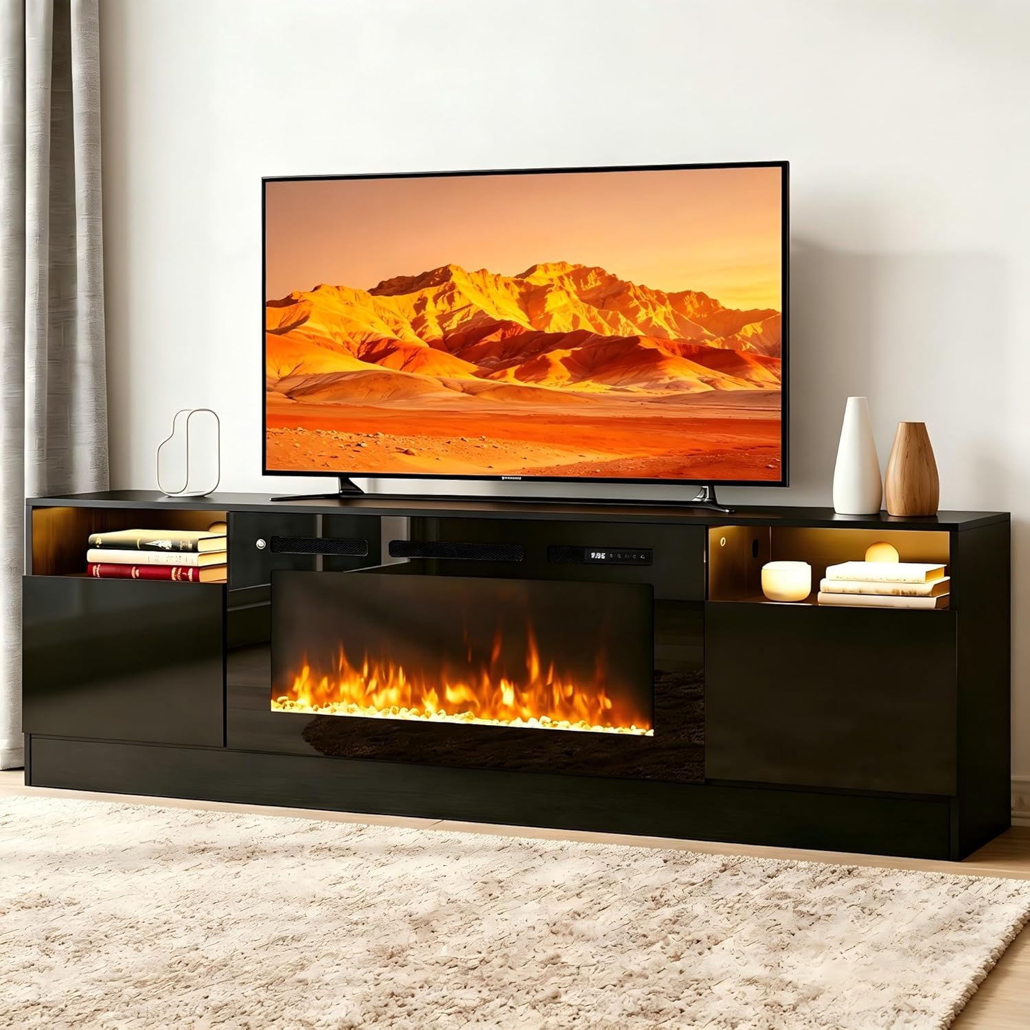 MXV 80-Inch Fireplace TV Stand for TVs Up to 90, LED Light Entertainment Center with 36 Electric Fireplace, Black