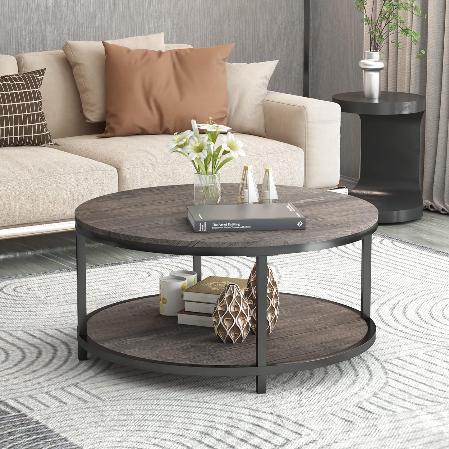 NSdirect 36-Inch Round Coffee Table for Living Room 2-Tier Rustic Wood Desktop Storage Shelf Light Walnut