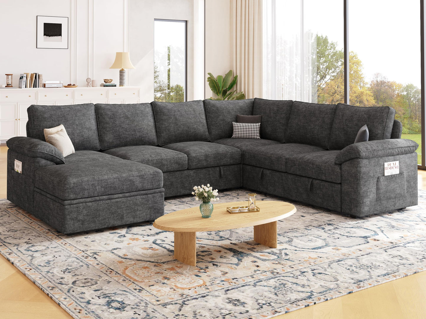 SUAWY 108 Inch Sectional Sleeper Sofa with Pull Out Bed, U Shaped 7 Seat Modular Sectional Sofa with Storage, Sectional Couches for Living Room, Cloud Modular Couch,Removable Sofa Cover, Dark Grey