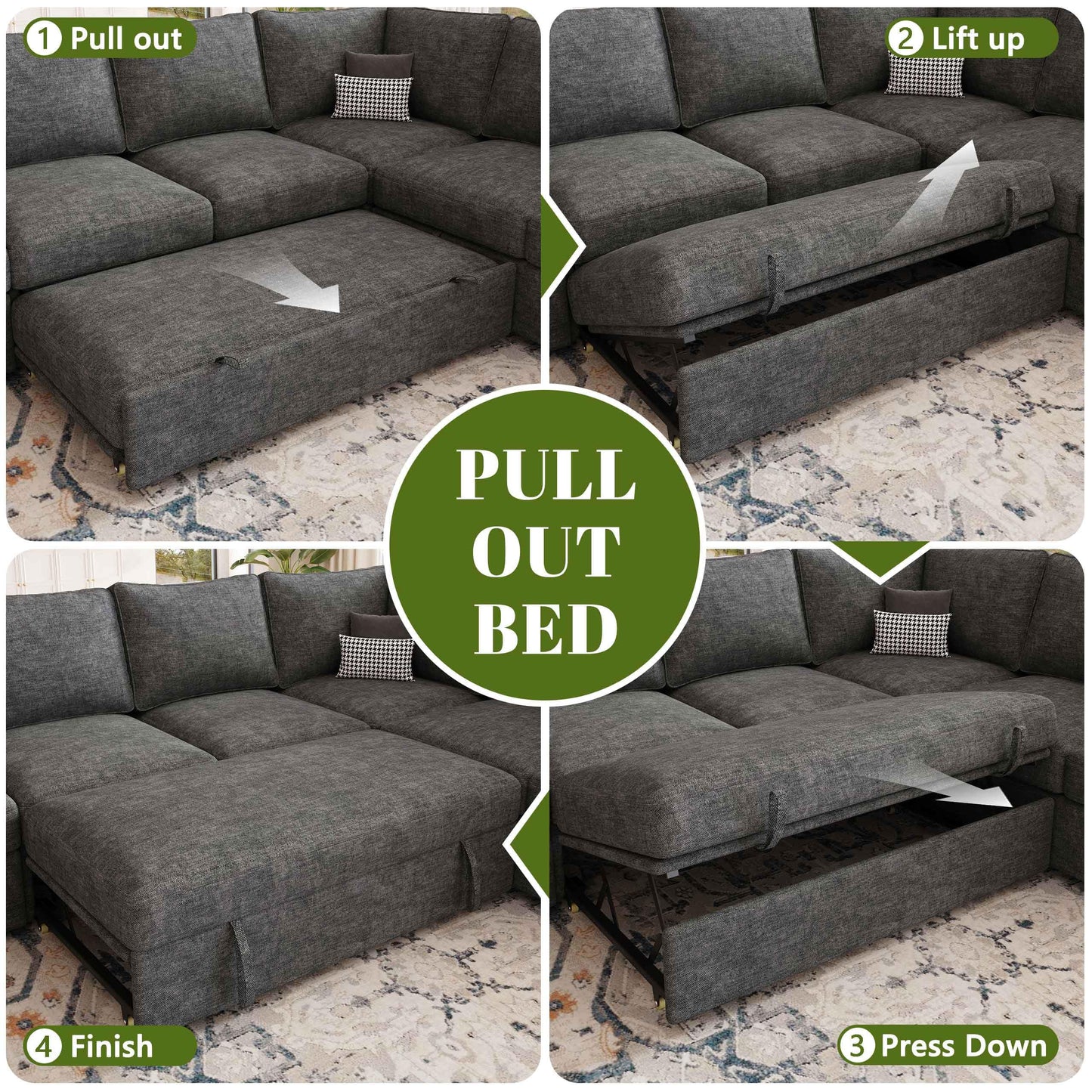 SUAWY 108 Inch Sectional Sleeper Sofa with Pull Out Bed, U Shaped 7 Seat Modular Sectional Sofa with Storage, Sectional Couches for Living Room, Cloud Modular Couch,Removable Sofa Cover, Dark Grey