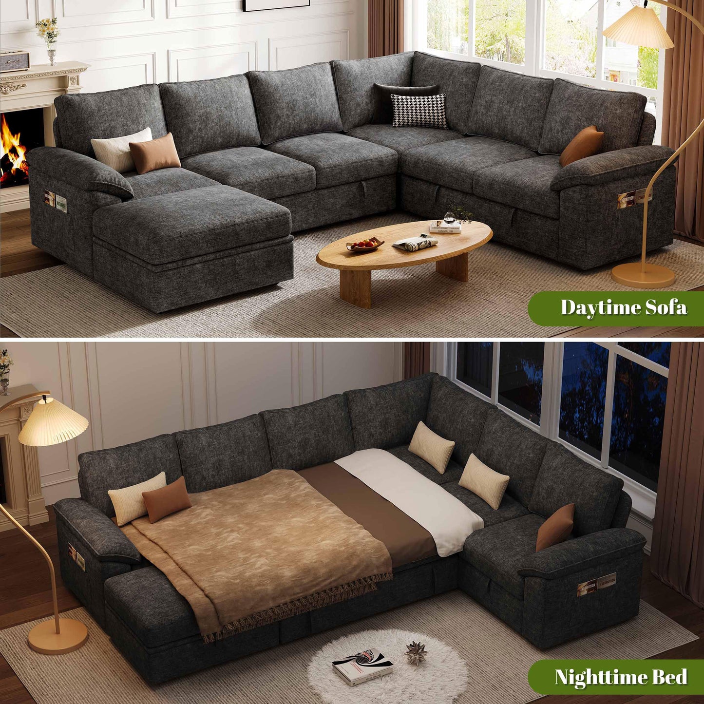 SUAWY 108 Inch Sectional Sleeper Sofa with Pull Out Bed, U Shaped 7 Seat Modular Sectional Sofa with Storage, Sectional Couches for Living Room, Cloud Modular Couch,Removable Sofa Cover, Dark Grey