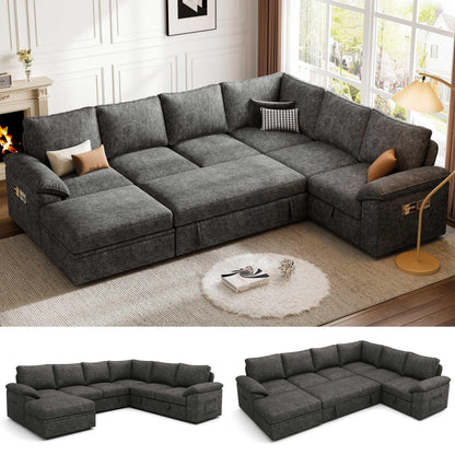 SUAWY 108 Inch Sectional Sleeper Sofa with Pull Out Bed, U Shaped 7 Seat Modular Sectional Sofa with Storage, Sectional Couches for Living Room, Cloud Modular Couch,Removable Sofa Cover, Dark Grey