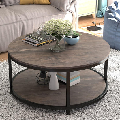 NSdirect 36-Inch Round Coffee Table for Living Room 2-Tier Rustic Wood Desktop Storage Shelf Light Walnut