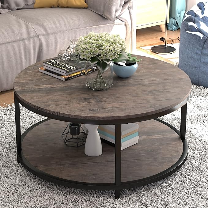 NSdirect 36-Inch Round Coffee Table for Living Room 2-Tier Rustic Wood Desktop Storage Shelf Light Walnut